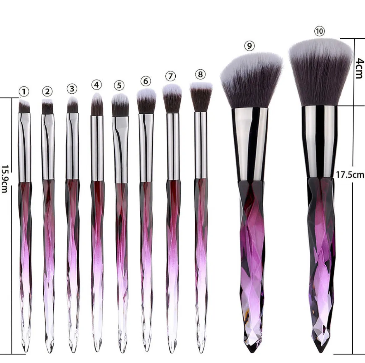 10 pc Crystal Glass Makeup Brush Set Purple