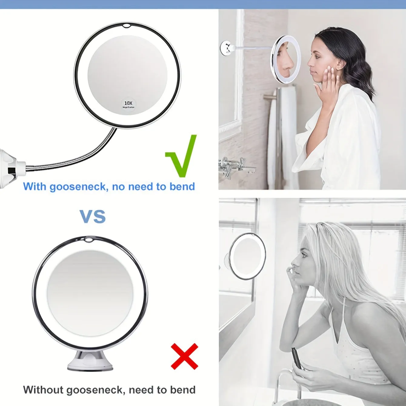 10X Magnifying LED Lighted Suction Mirror for Home Bathroom