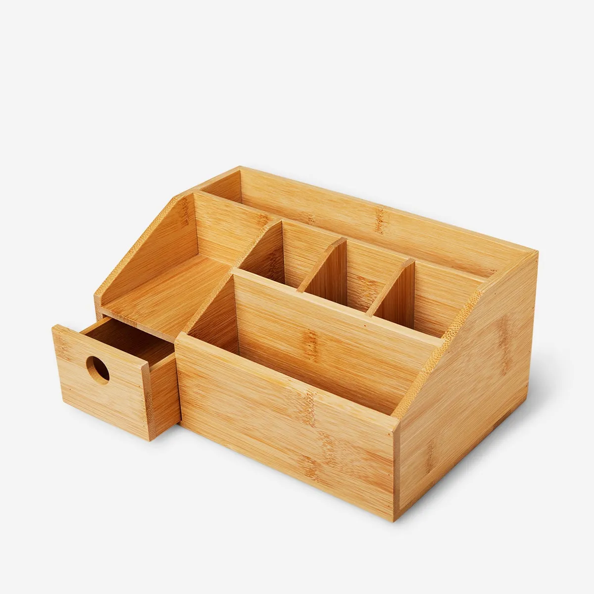 Bamboo cosmetic organiser with multi-size compartments and drawer