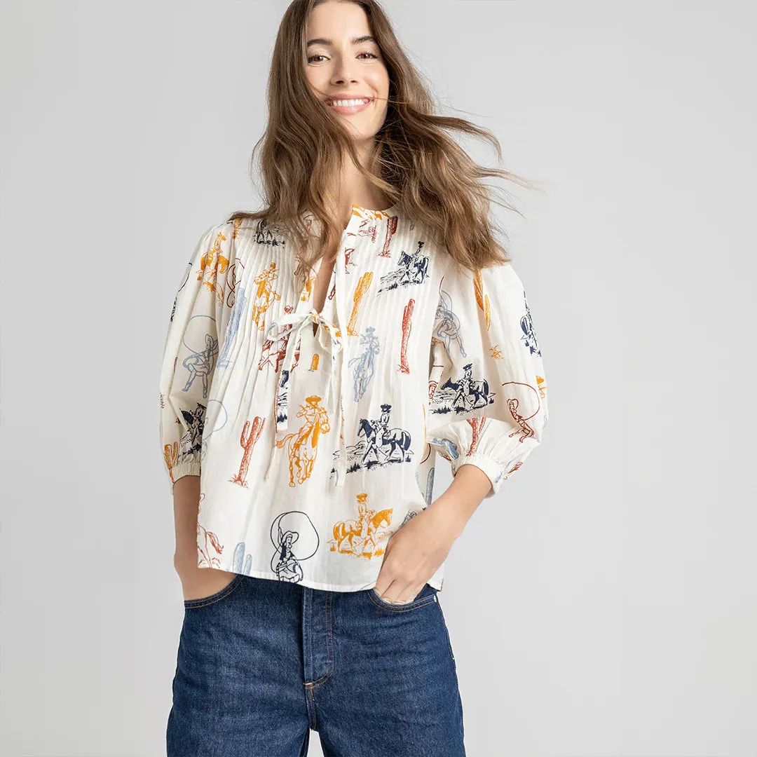 Pintuck Indira Top, Antique White Cowgirls