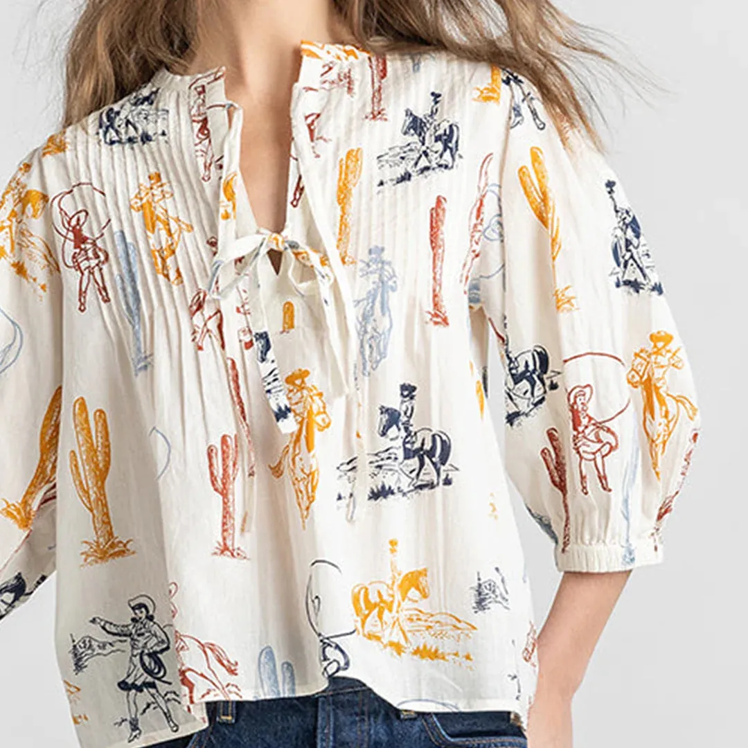 Pintuck Indira Top, Antique White Cowgirls