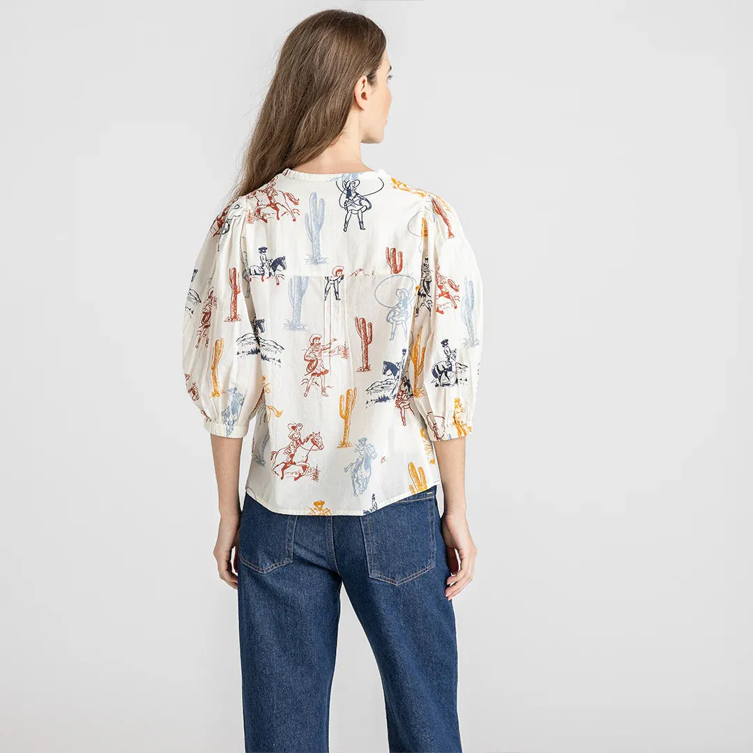 Pintuck Indira Top, Antique White Cowgirls