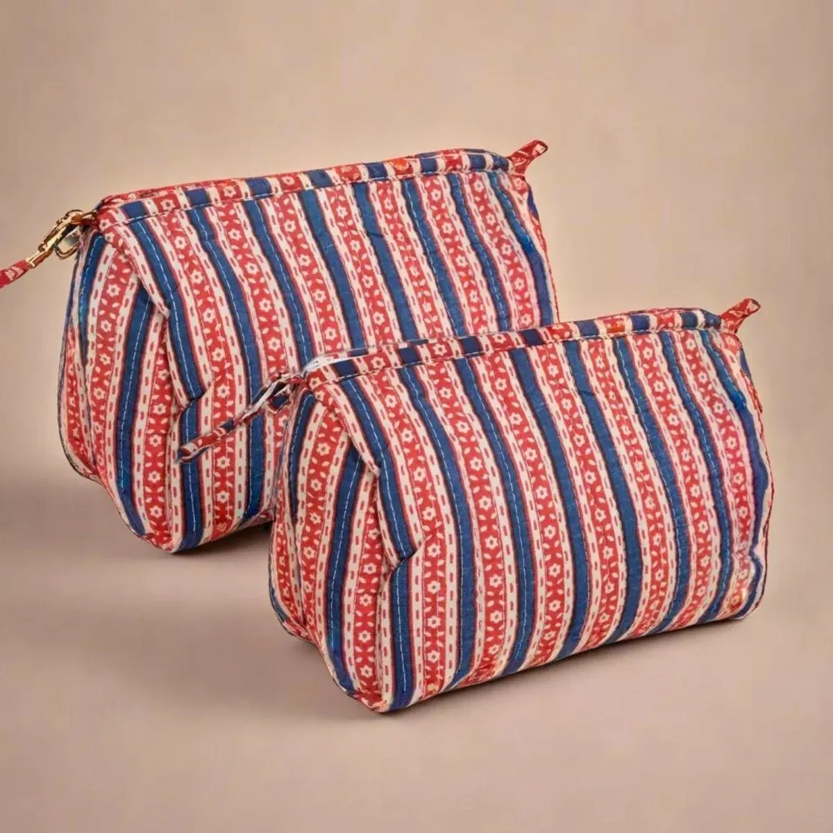 Quilted Makeup Pouch/Utility Pouch Set of 2 - Handprinted in Red & Blue | Portable Toiletry Bag for Travel