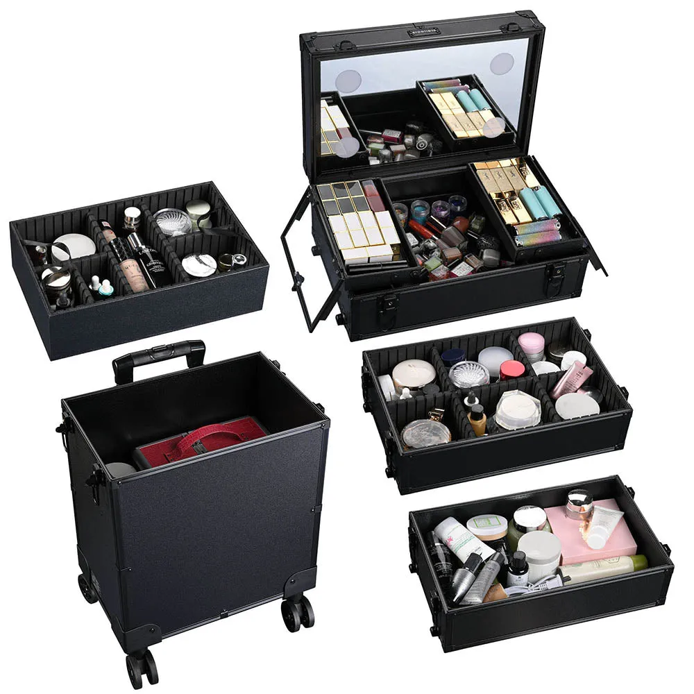 TheLAShop Rolling Makeup Case with Lighted Mirror Tact Switch 4 in 1