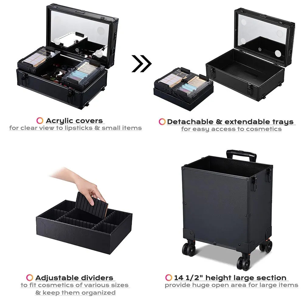 TheLAShop Rolling Makeup Case with Lighted Mirror Tact Switch 4 in 1