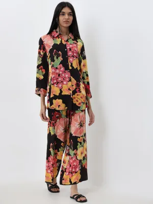 Utsa Black Floral Pattern Straight Tunic